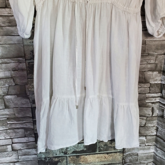 Aribella White Peasant Linen Midi Dress Bohemian Long Sleeves Front Button Mediu - Picture 3 of 10